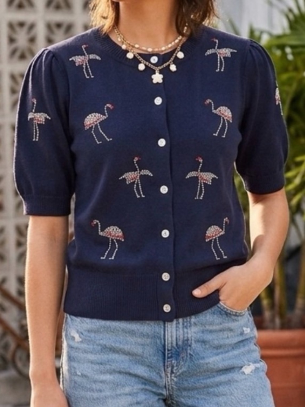 Free Assembly Women's Navy Beaded Flamingo Sweater with Short Sleeves Size S